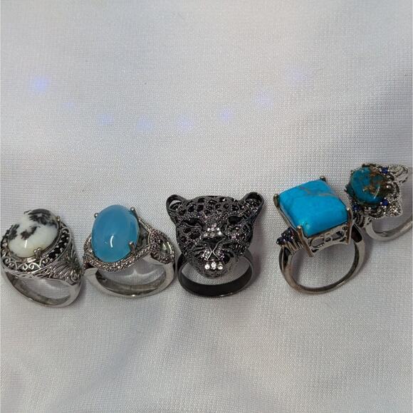 Statement Rings Sz 10 Gemstone Rhinestone Lot Of 5 Silver Tone Leopard Turquoise - Picture 3 of 5